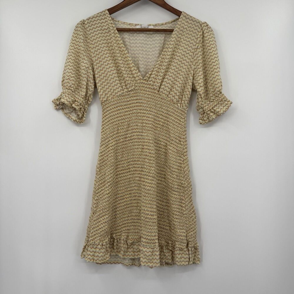 O'Neill Dalia Dress S Chevron Smocked Mini Puff Sleeve Boho Viscose